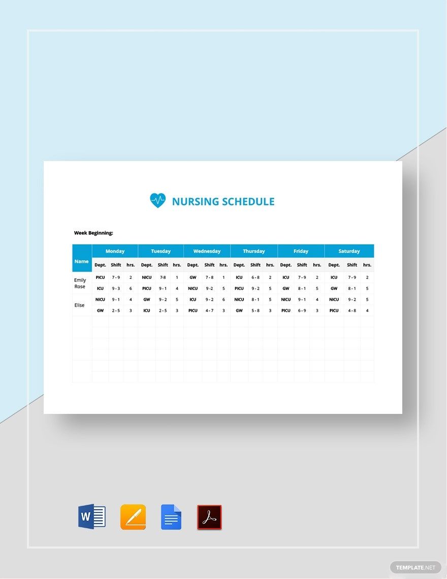 Nursing Schedule Template in Word, Google Docs, Excel, PDF, Apple Pages