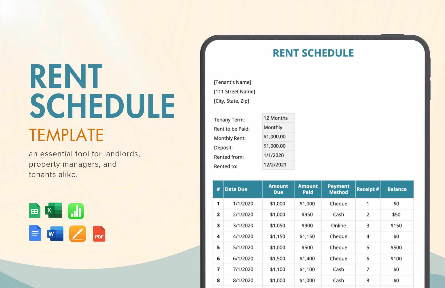 Rent Schedule Template in Word, Google Docs, Excel, PDF, Google Sheets, Apple Pages, Apple Numbers