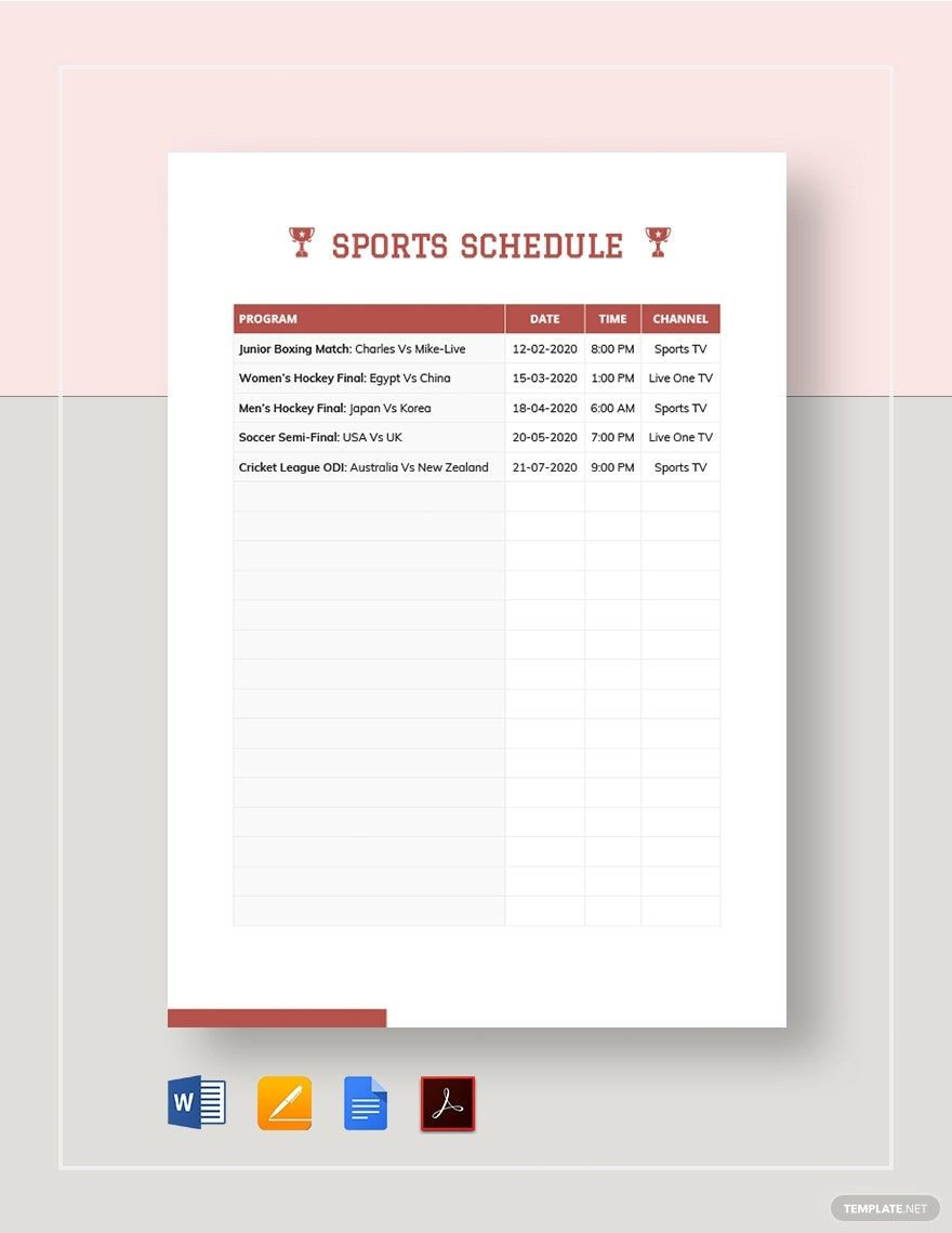 Sports Schedule Template in Word, Pages, Google Docs, PDF - Download | Template.net