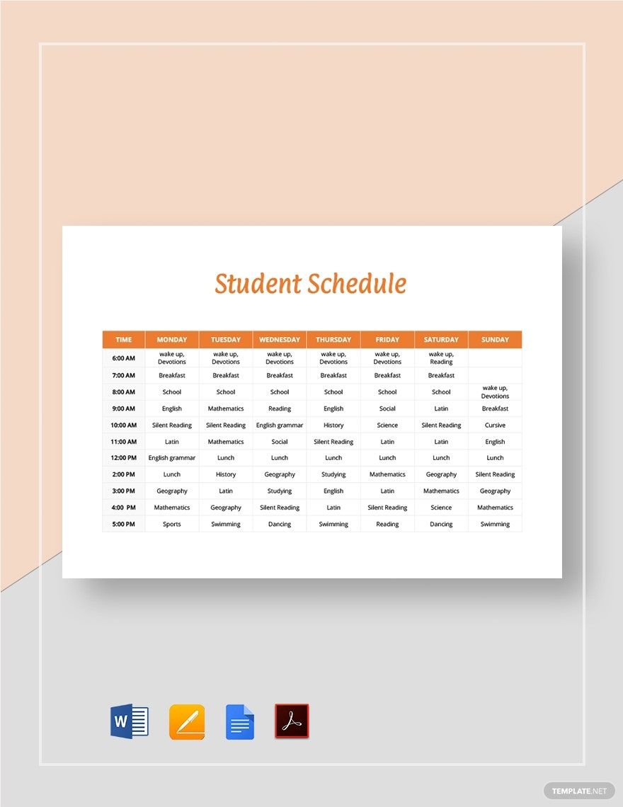 Student Schedule Template in Word, Google Docs, PDF, Apple Pages