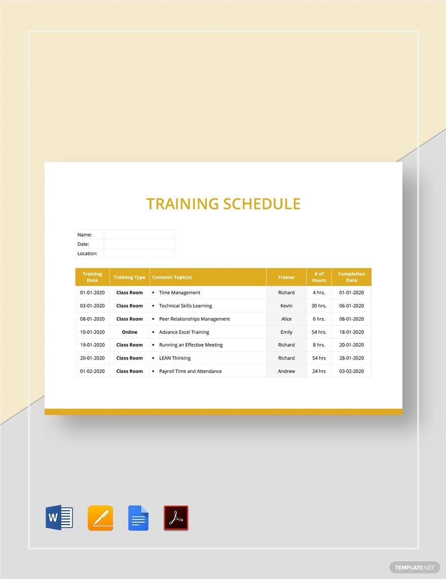 Training Schedule Template in Word, Pages, Google Docs, PDF - Download | Template.net