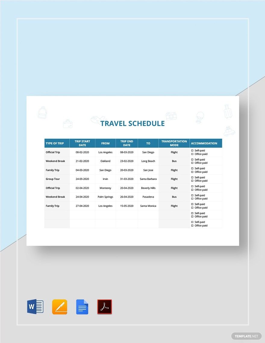 Travel Schedule Template Google Docs, Word, Apple Pages, PDF