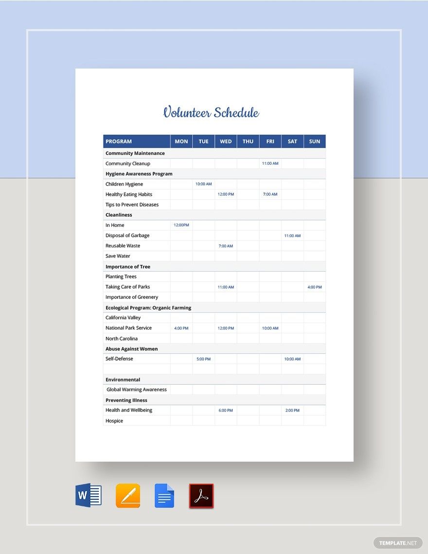 Volunteer Schedule Template In Pages Word Google Docs PDF Download Volunteer Schedule Template In Pages Word Google Docs PDF Download