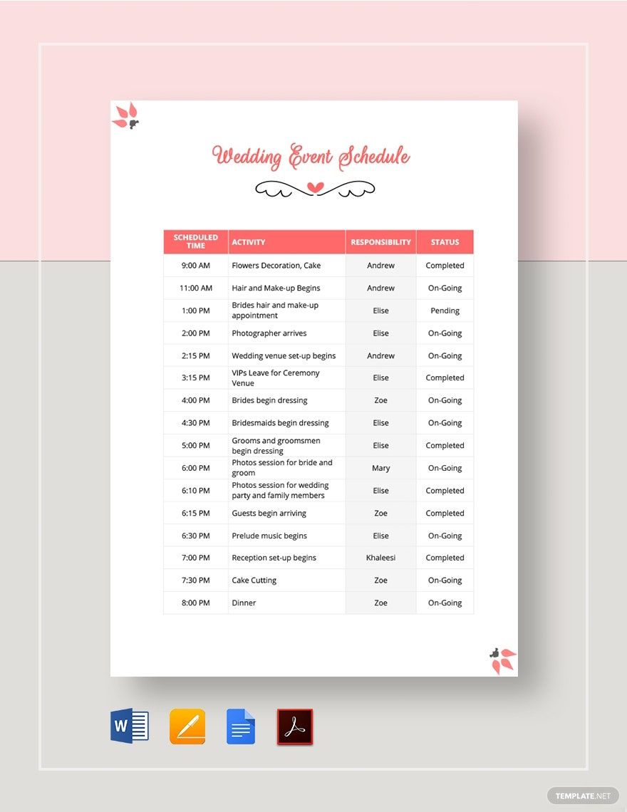 Wedding Event Schedule Template