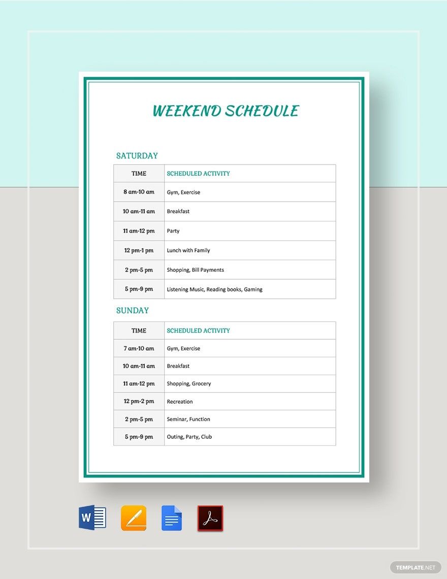 Weekend Schedule Template in Word, Google Docs, PDF, Apple Pages