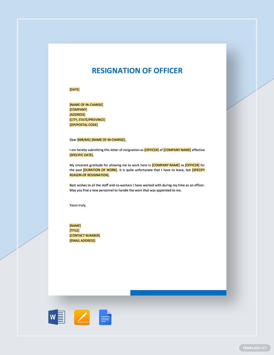 Free Sample Resignation of Officer Template