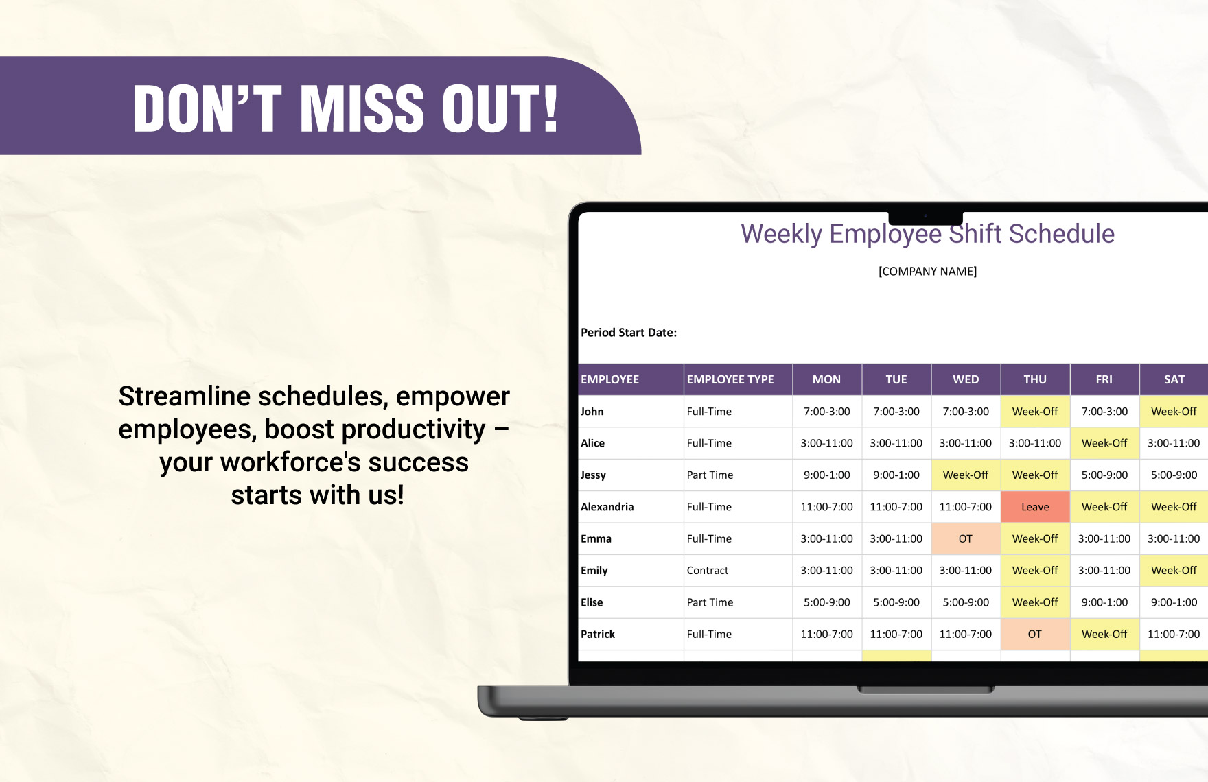 Sample Weekly Employee Shift Schedule Template