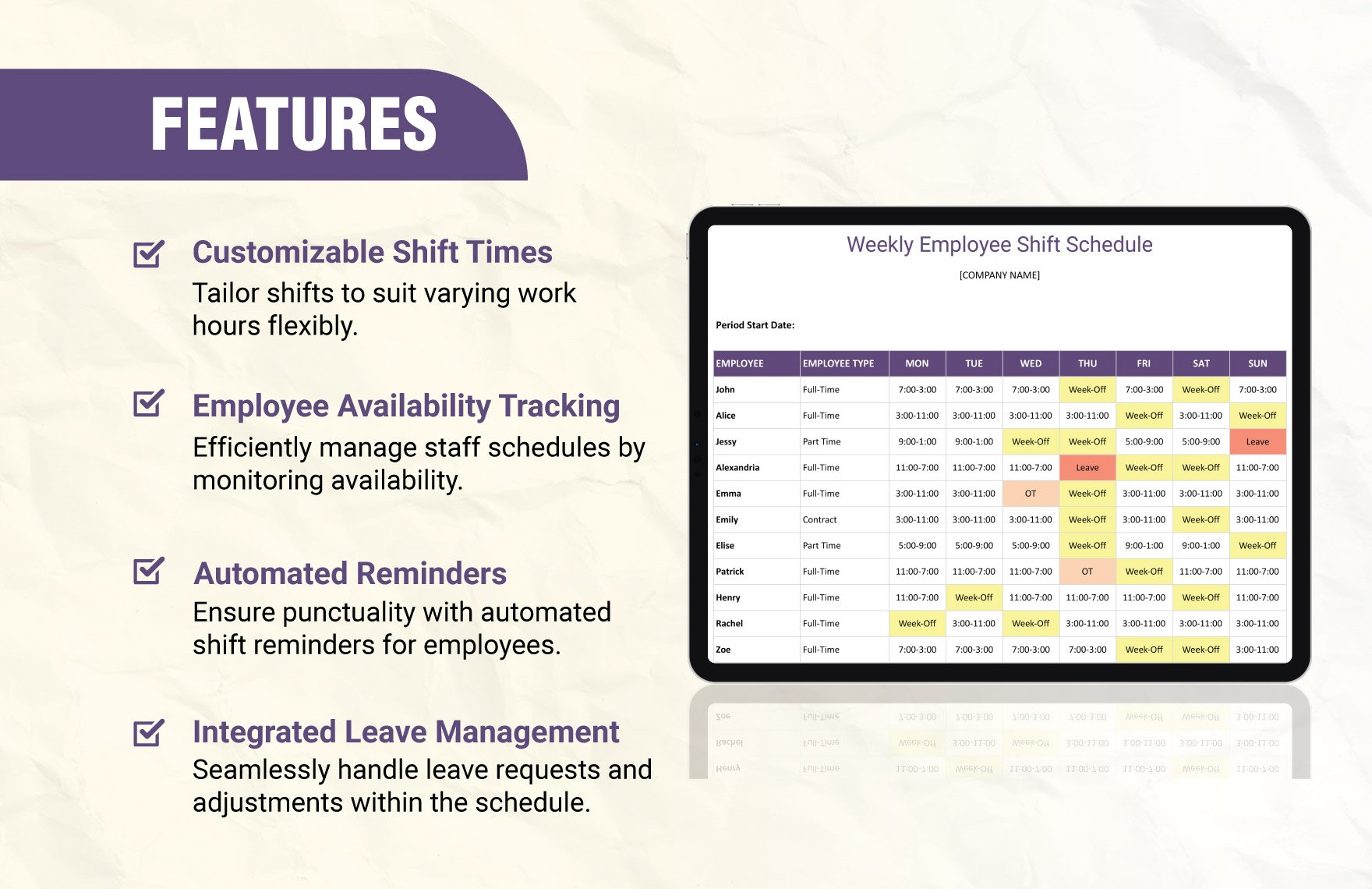 Sample Weekly Employee Shift Schedule Template
