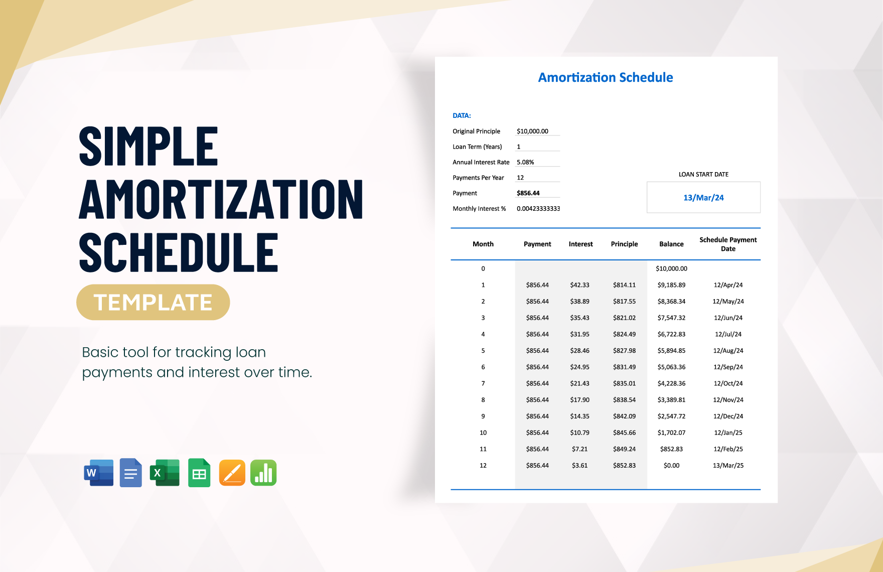 Simple Amortization Schedule Template in Word, Google Docs, Excel, Google Sheets, Apple Pages, Apple Numbers