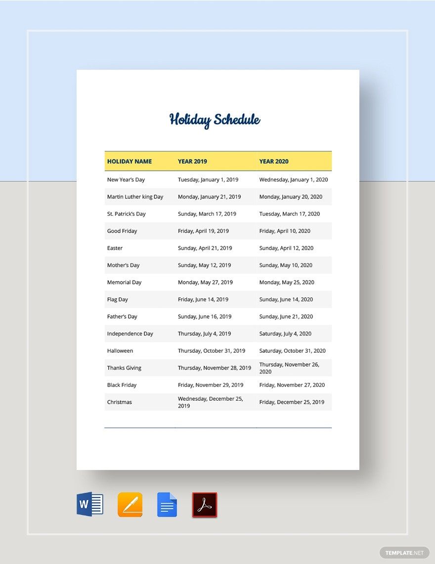 Company Holiday Schedule Template Google Docs Word Apple Pages PDF 