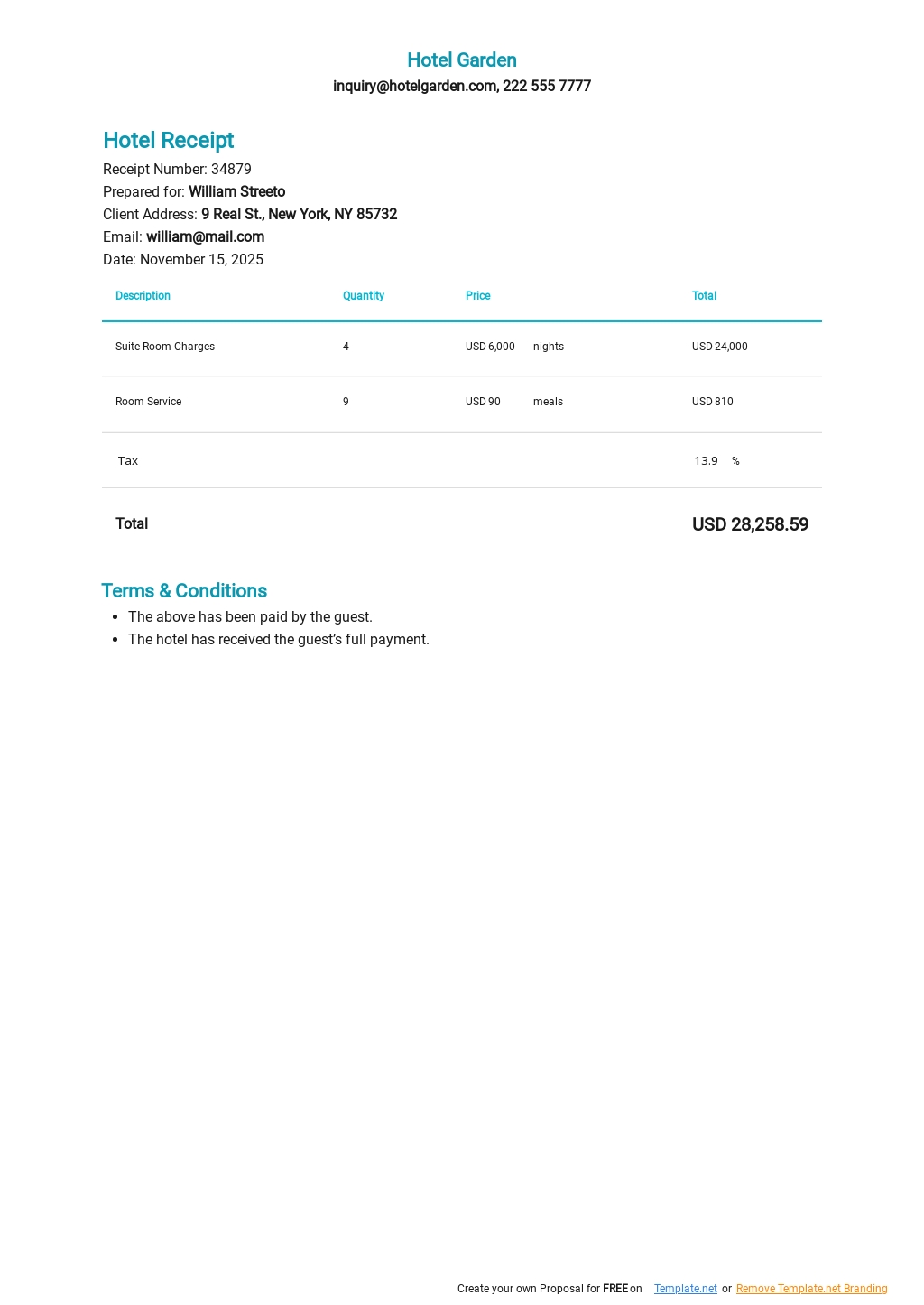 printable hotel receipt template in google docs google sheets excel