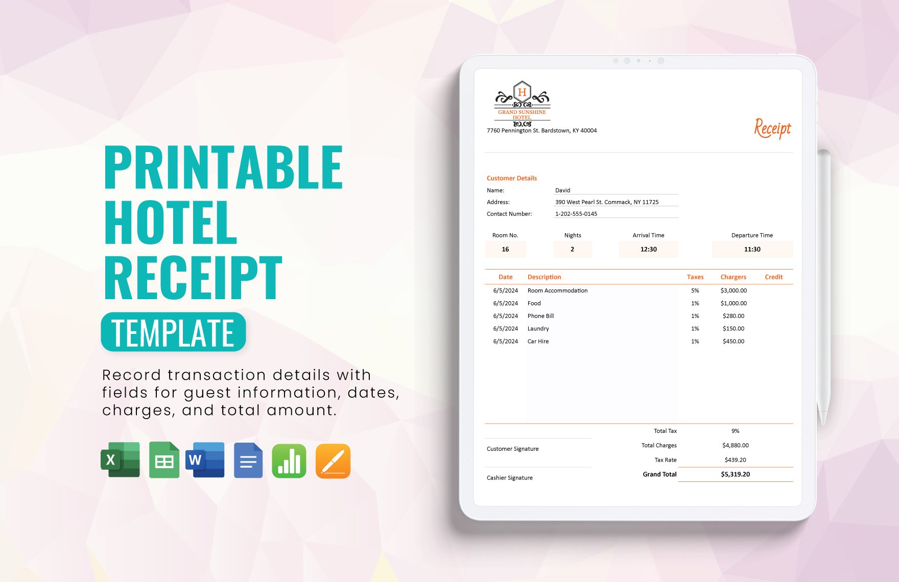 Printable Hotel Receipt Template in Word, Google Docs, Excel, Google Sheets, Apple Pages, Apple Numbers