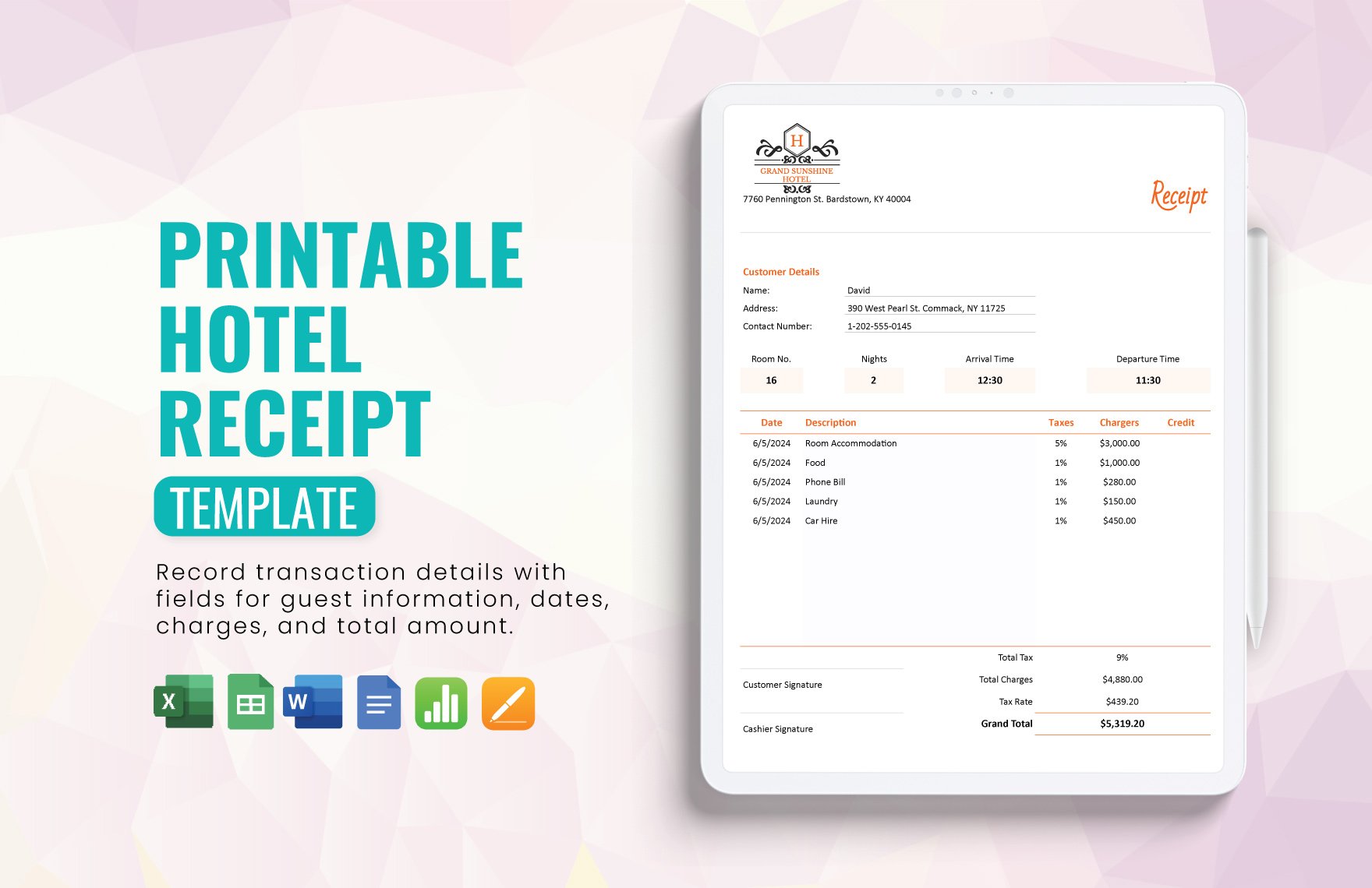 Printable Hotel Receipt Template in Google Docs, Google Sheets, Excel, Word, Apple Pages, Apple Numbers - Download | Template.net