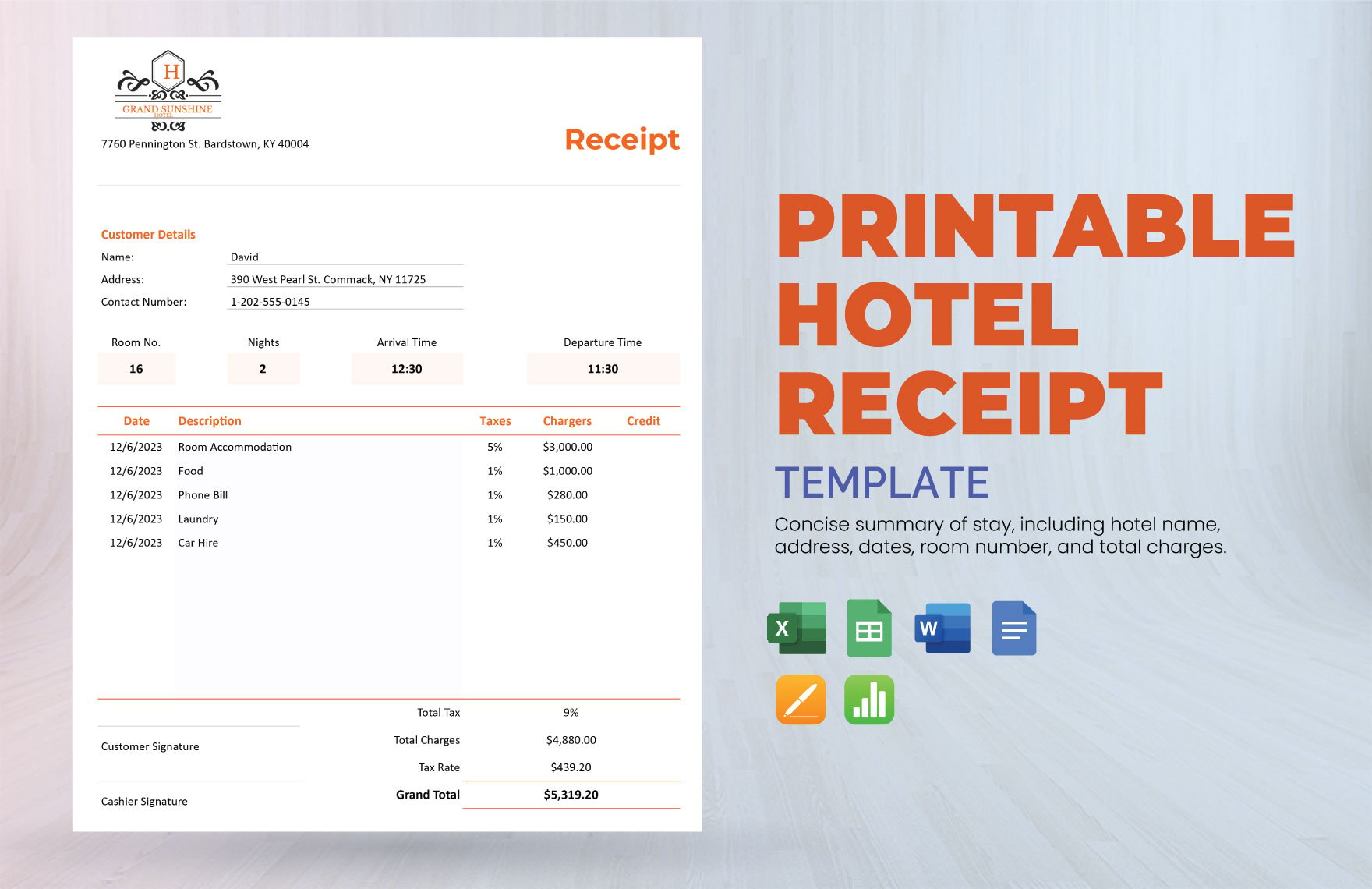 Printable Hotel Receipt Template