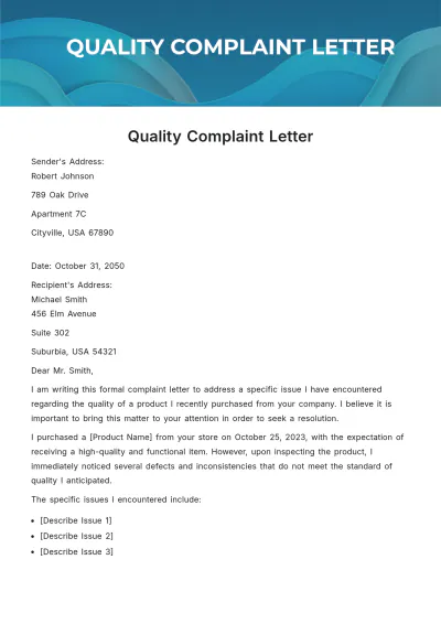 Free Quality Complaint Letter Template to Edit Online