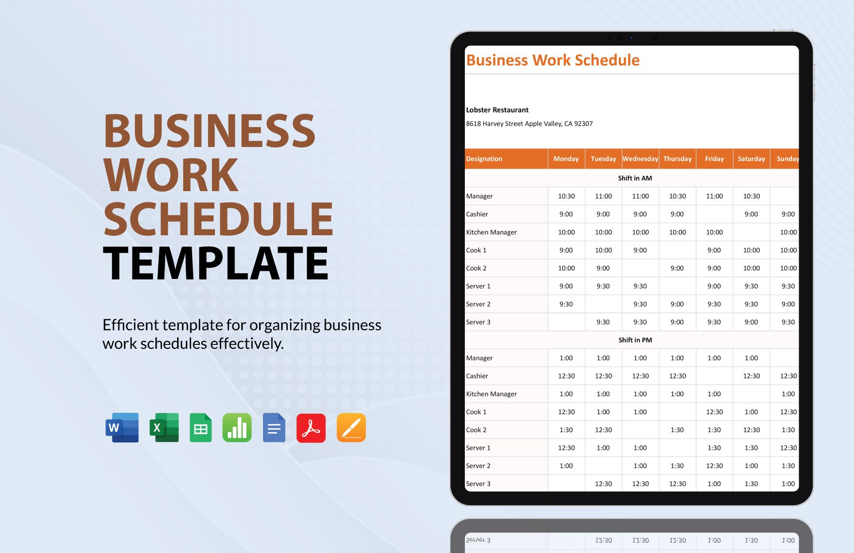 Business Work Schedule Template in Word, Google Docs, Excel, PDF, Google Sheets, Apple Pages, Apple Numbers