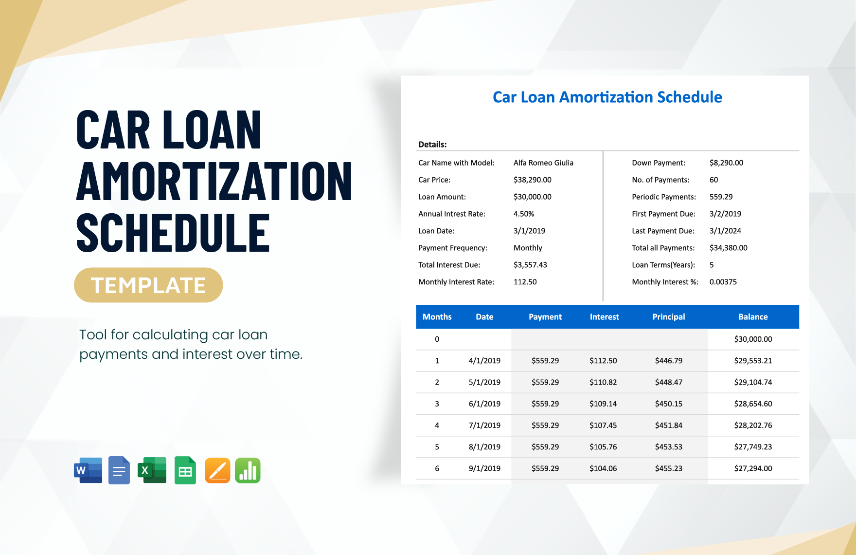 Car Loan Amortization Schedule Template in Word, Google Docs, Excel, Google Sheets, Apple Pages, Apple Numbers