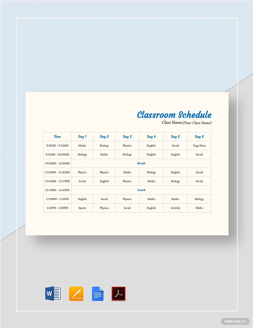 Classroom Schedule Template Google Docs Word Apple Pages PDF 