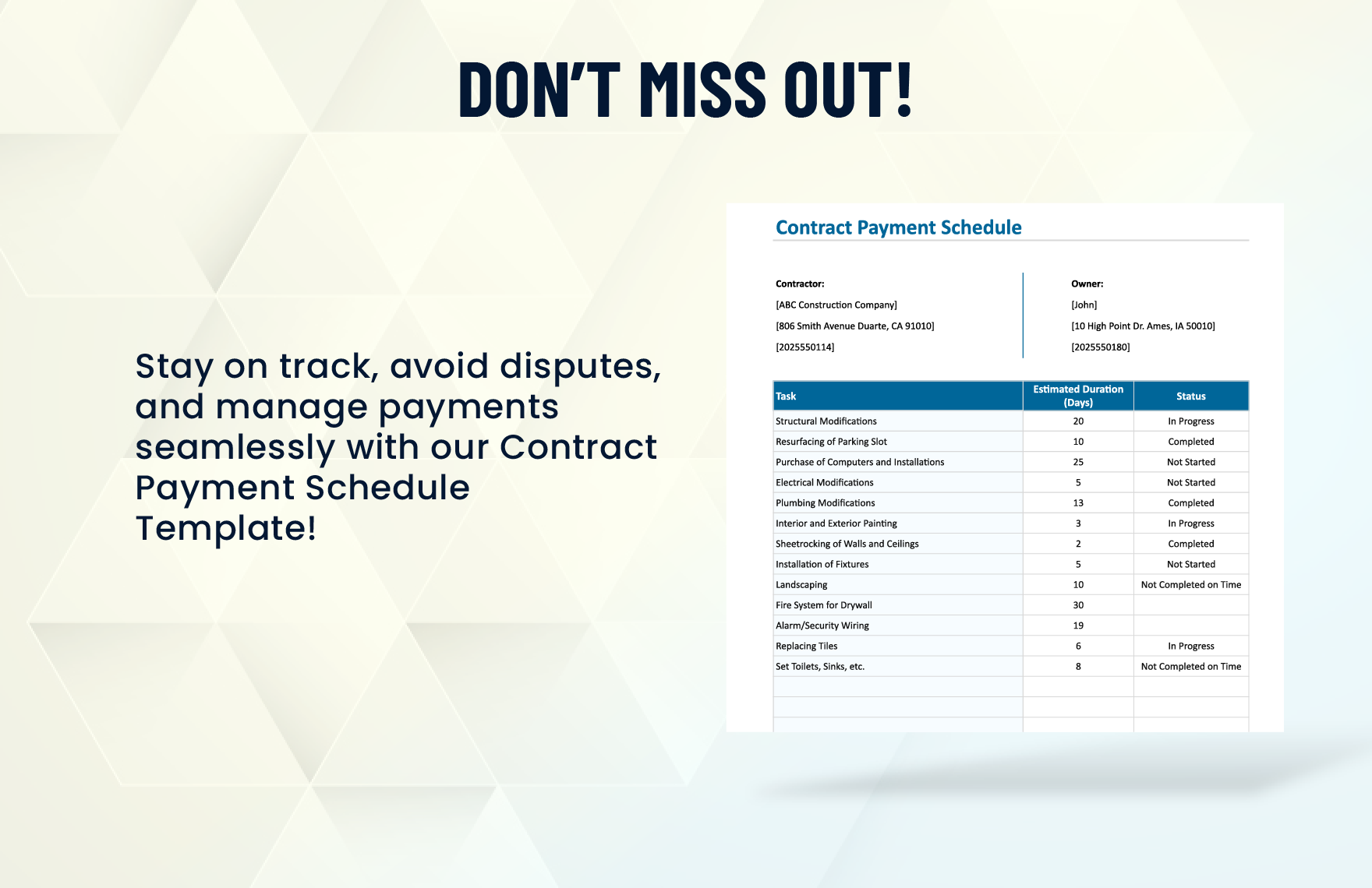 Contract Payment Schedule Template