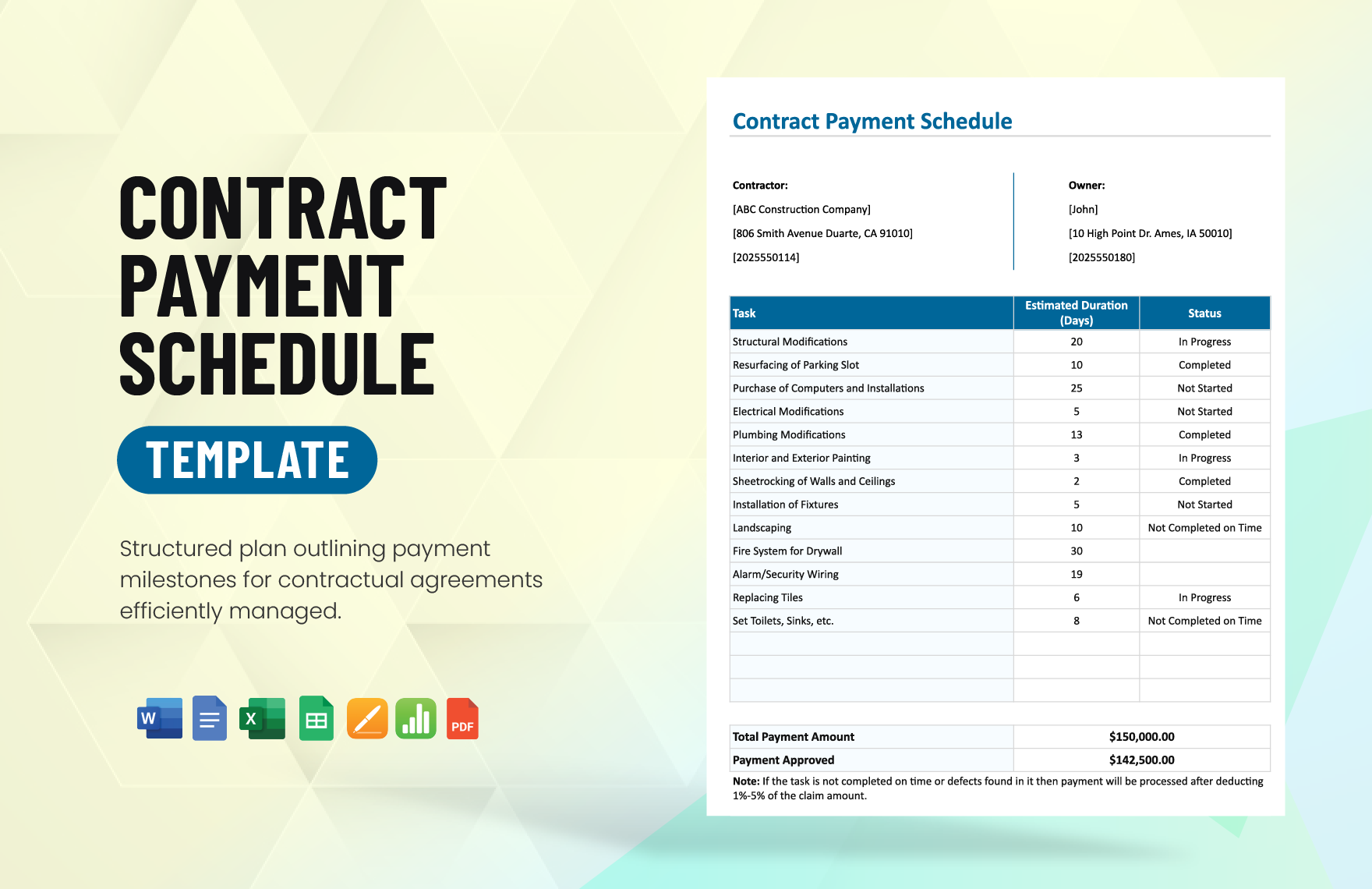 Contract Payment Schedule Template in Word, Google Docs, Excel, PDF, Google Sheets, Apple Pages, Apple Numbers