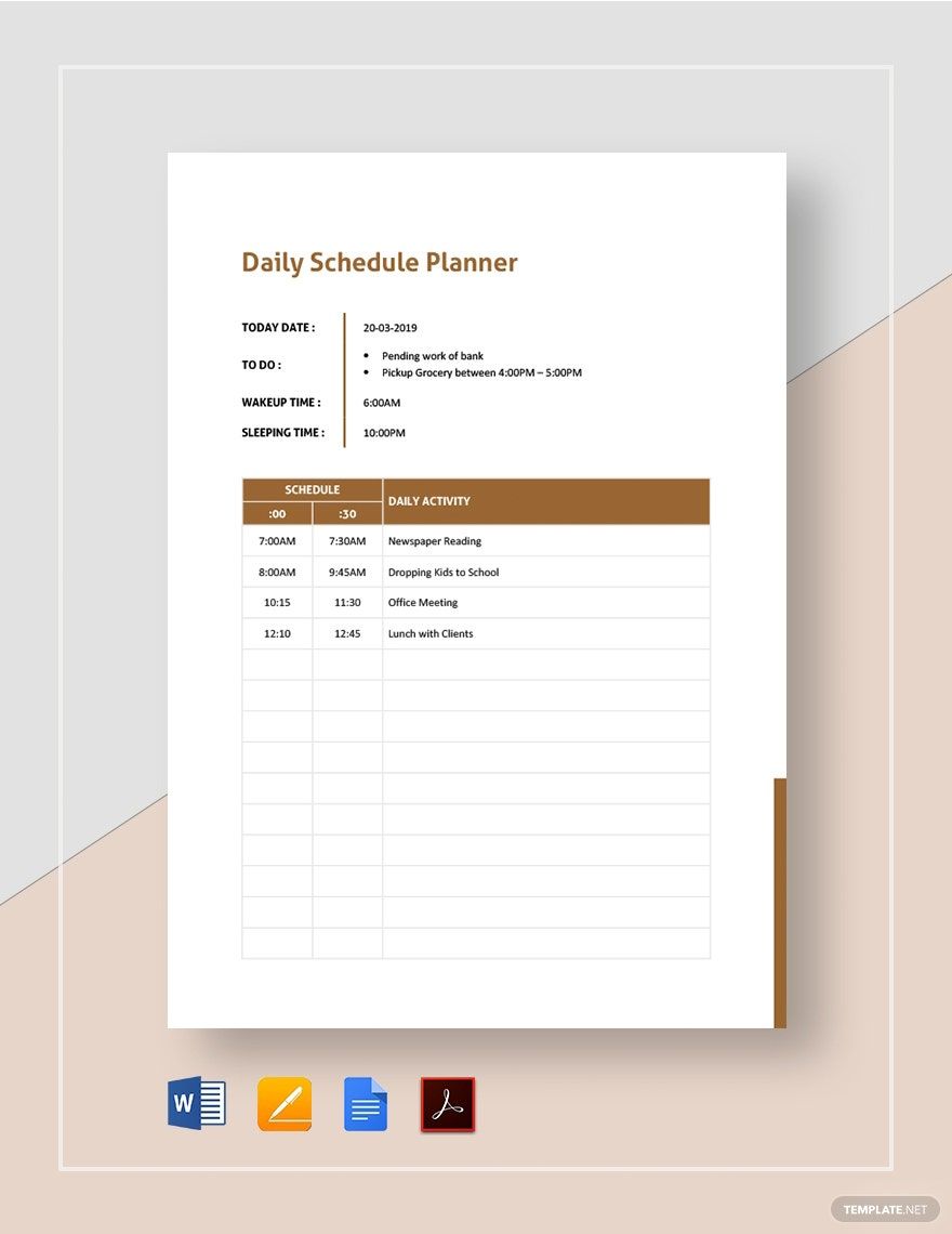 calendar template for google docs daily schedule