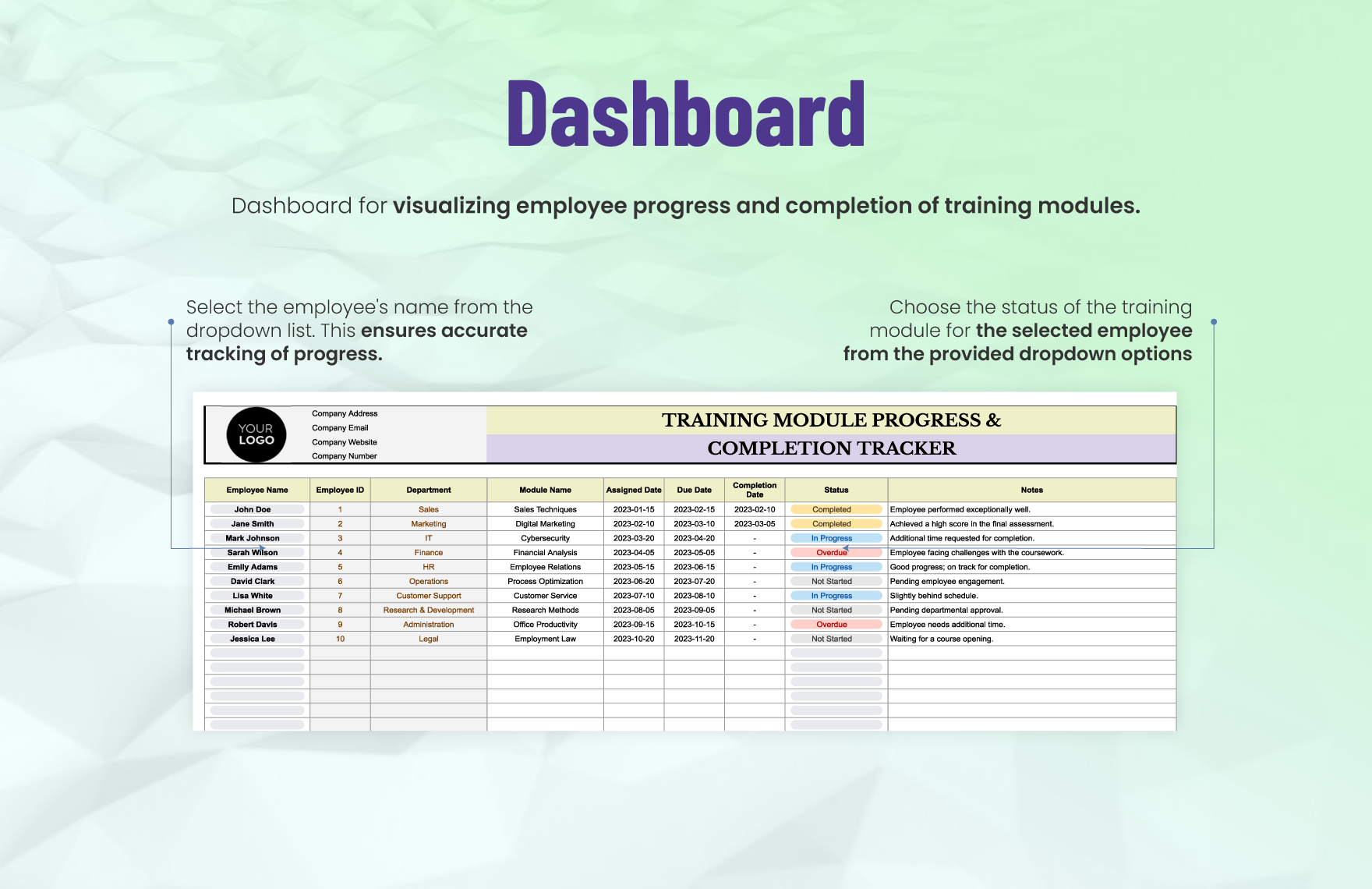 Training Module Progress & Completion Tracker HR Template