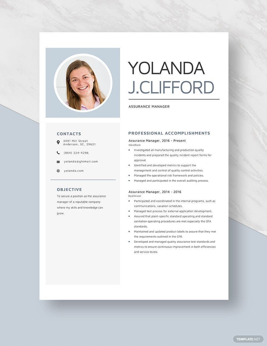 Assurance Manager Resume Template - Word, Apple Pages | Template.net