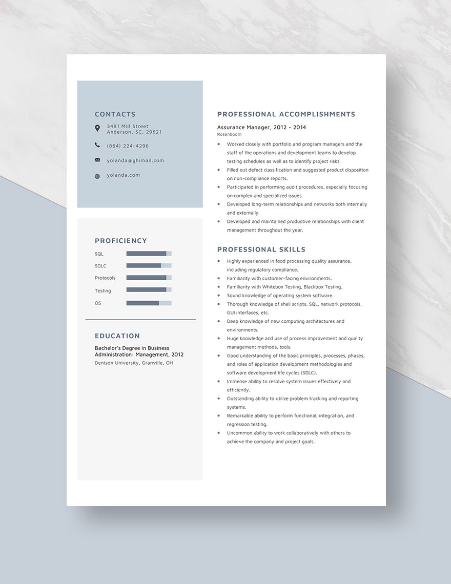 Assurance Manager Resume Template - Word, Apple Pages | Template.net