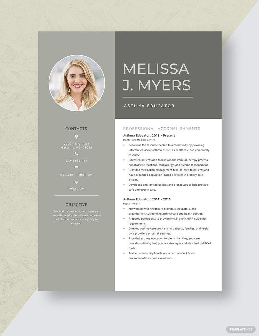 Asthma Educator Resume in Word, Apple Pages