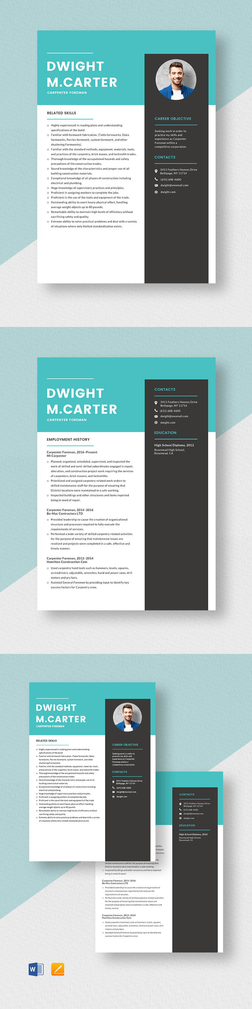 Simple Carpenter Resume Template - Word, Apple Pages, PSD, Publisher ...