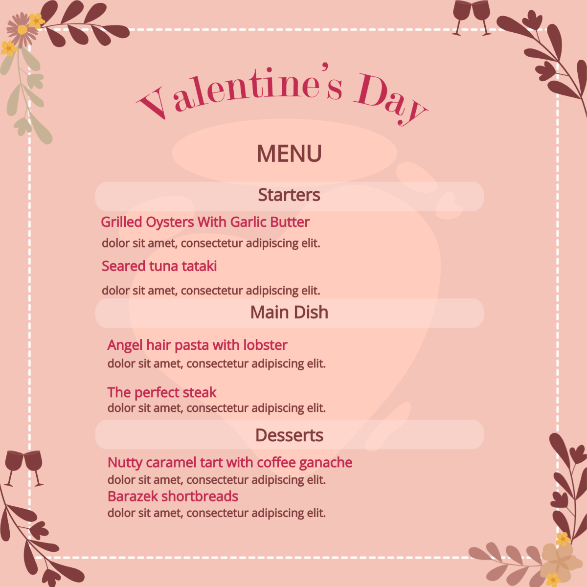 Valentines Day Menu Vector Template