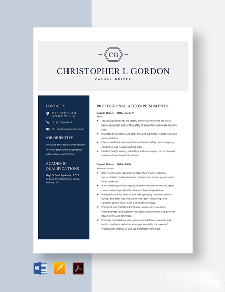 Casual Driver Resume Template - Word, Apple Pages, PDF