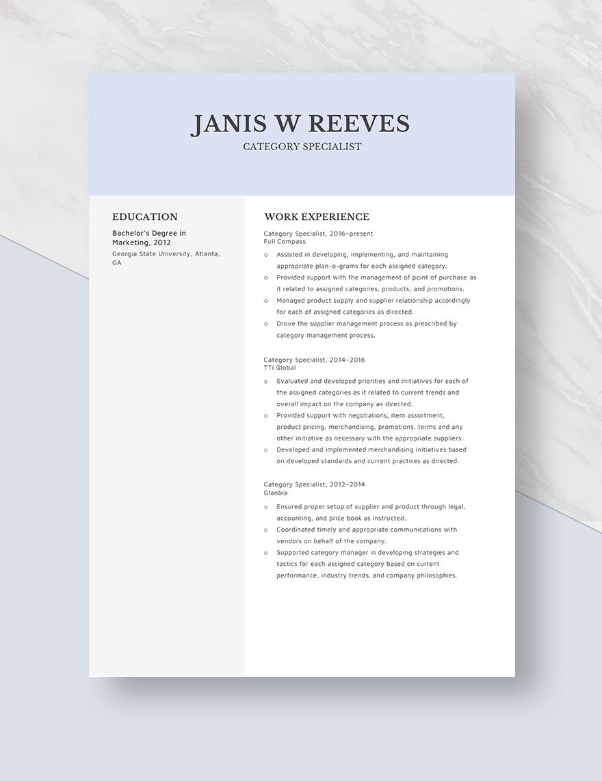 Category Specialist Resume