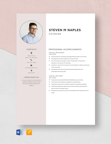 Catering Resume Template - Word, Apple Pages