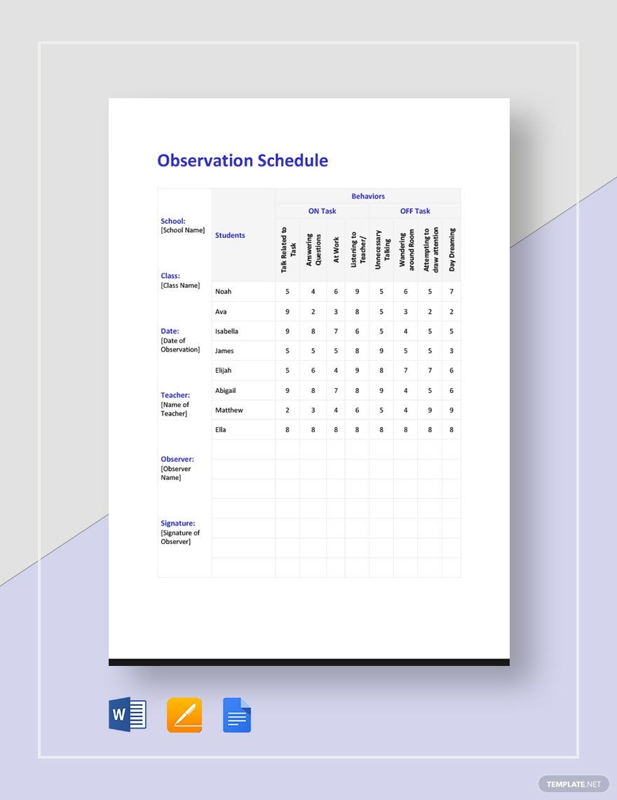 Observation Schedule Template in Word, Google Docs, Apple Pages