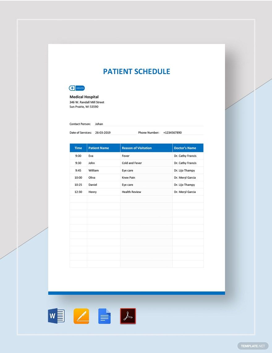 Patient Schedule Template in Word, Google Docs, PDF, Apple Pages