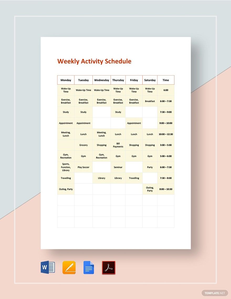 Weekly activity schedule template