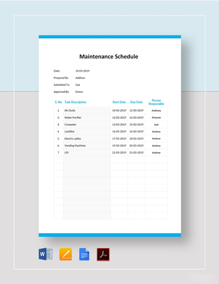 Sample Preventive Maintenance Schedule Template - PDF | Word | Excel ...