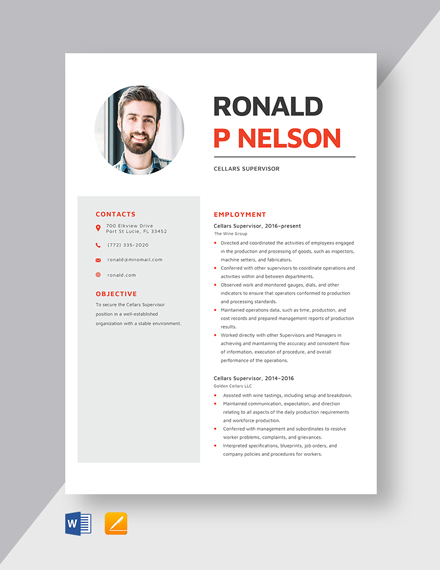 Free Cellars Supervisor Resume Template - Word, Apple Pages