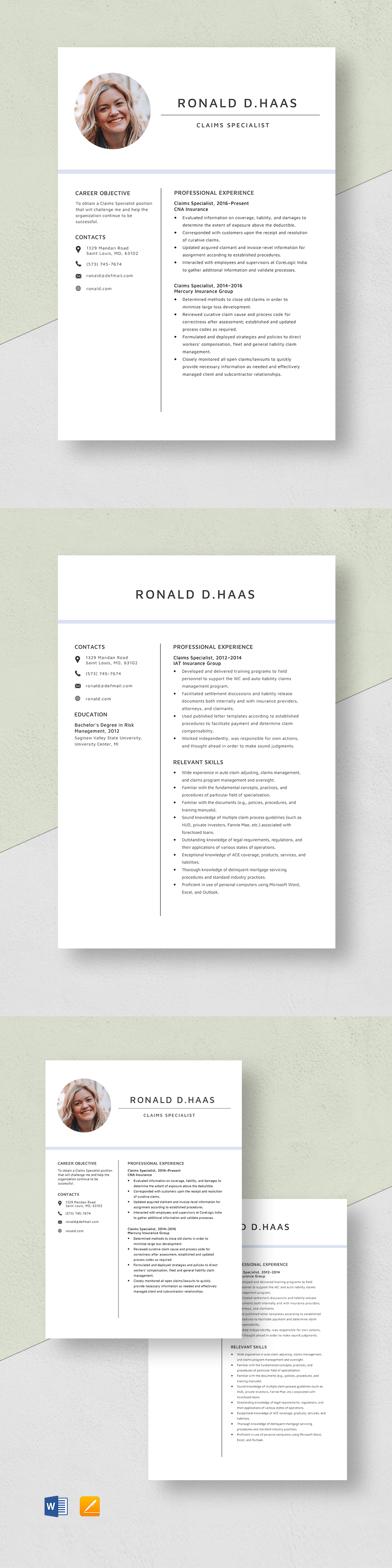 Claims Specialist Resume Template Word, Apple Pages