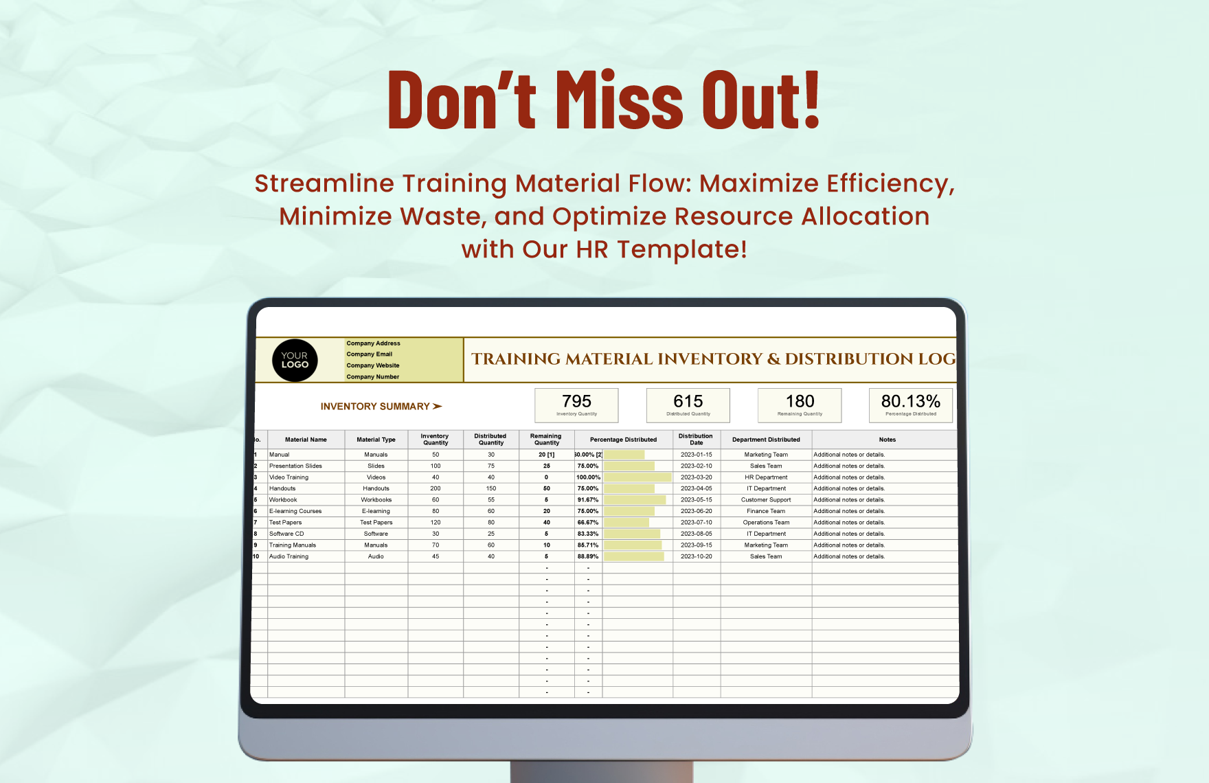 Training Material Inventory & Distribution Log HR Template