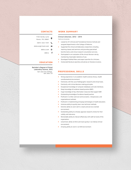 Clinical Librarian Resume Template