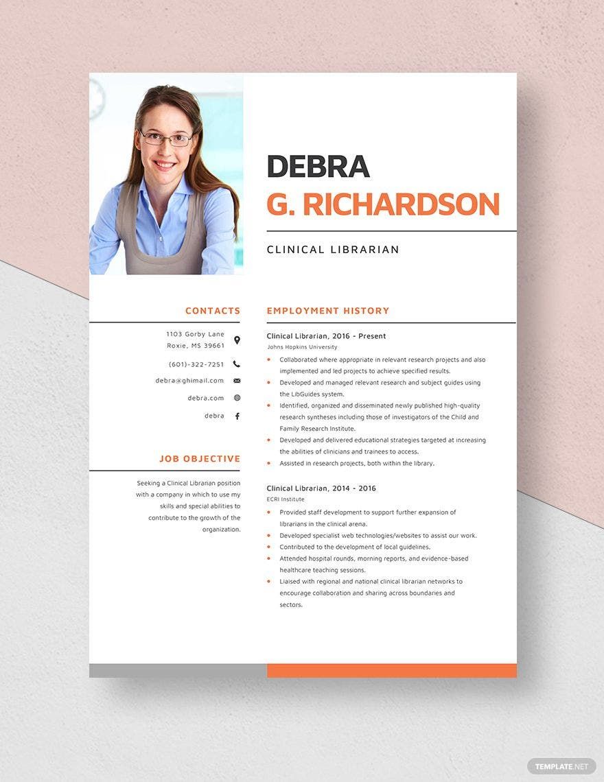 Free Clinical Librarian Resume in Word, Apple Pages