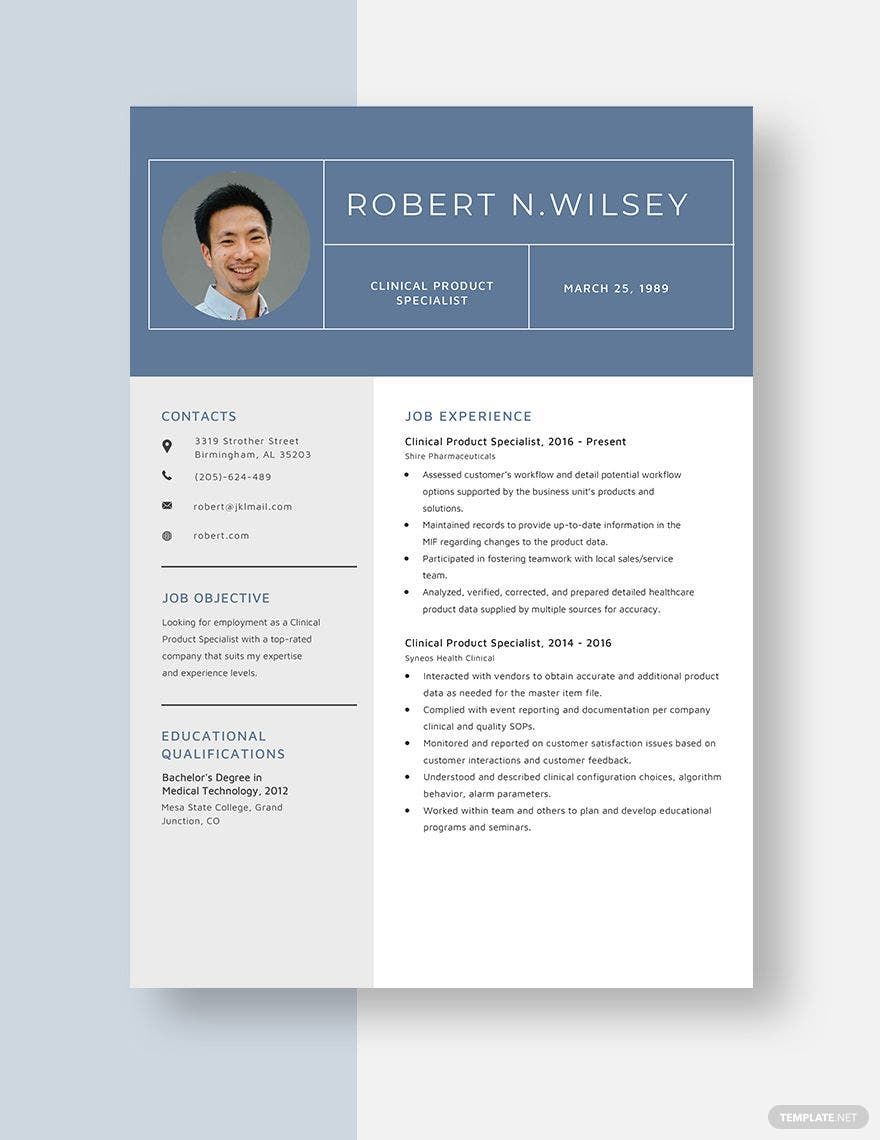 Free Clinical Product Specialist Resume Template