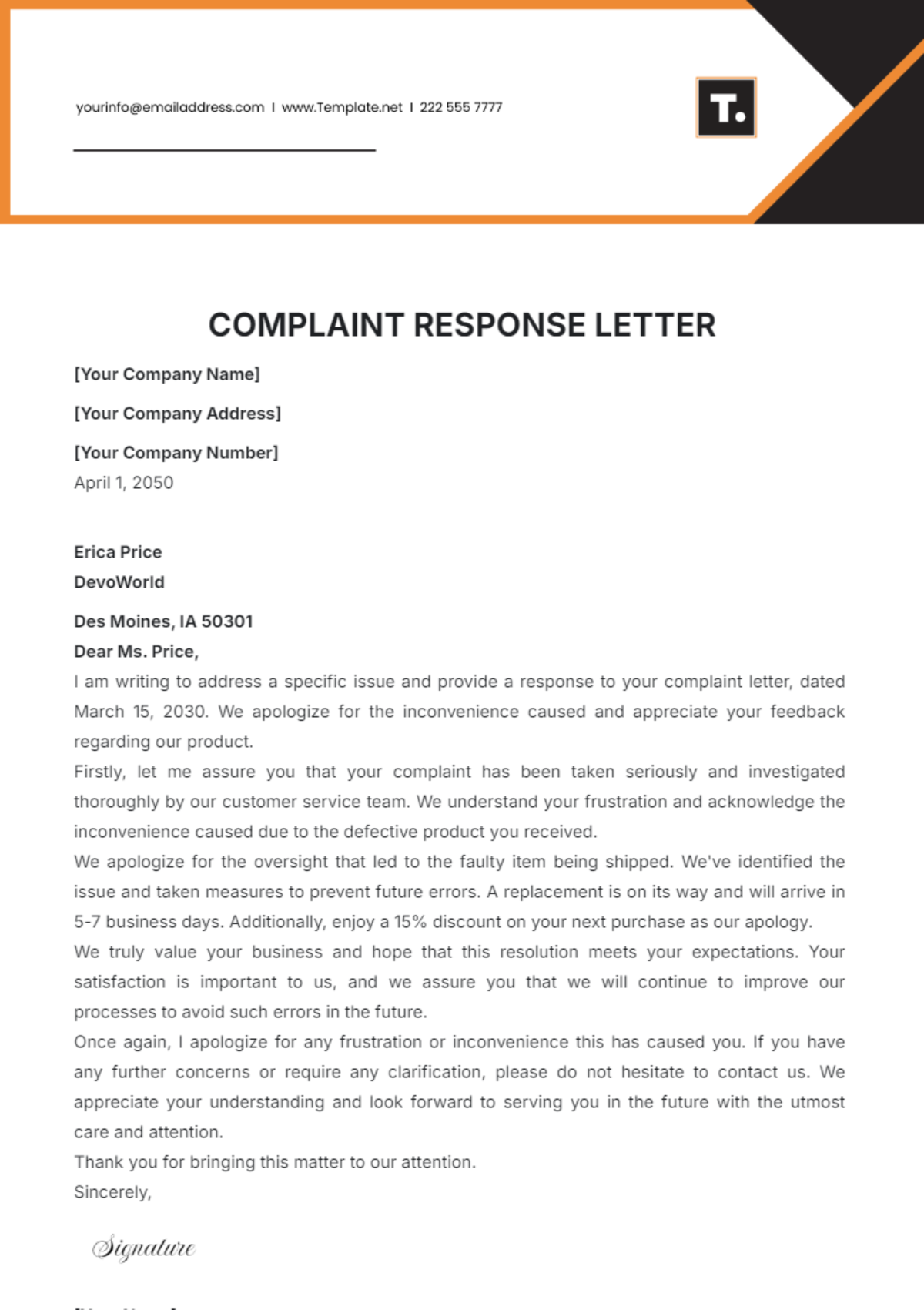 Complaint Response Letter Template