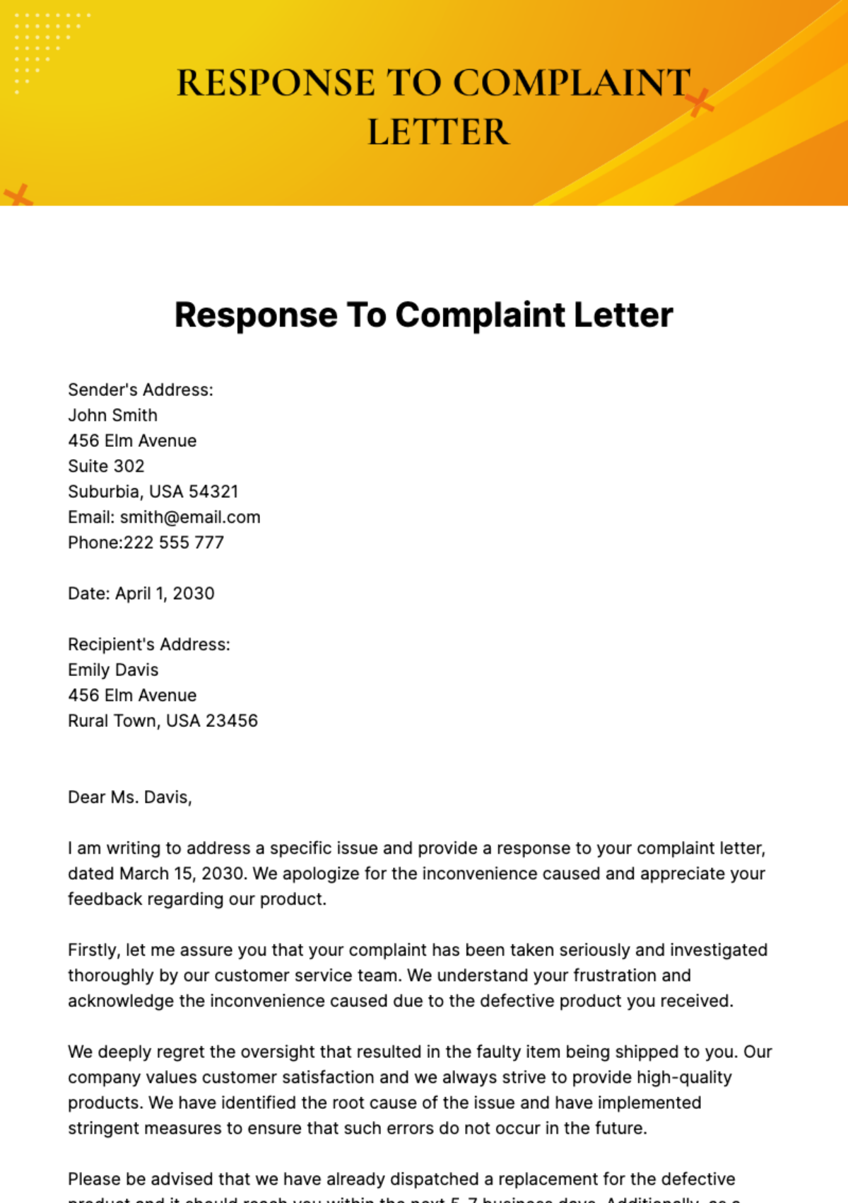 Free Response To Complaint Letter Template