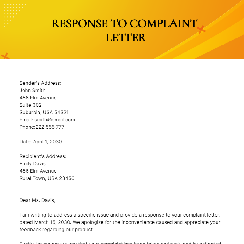 Free Response To Complaint Letter
