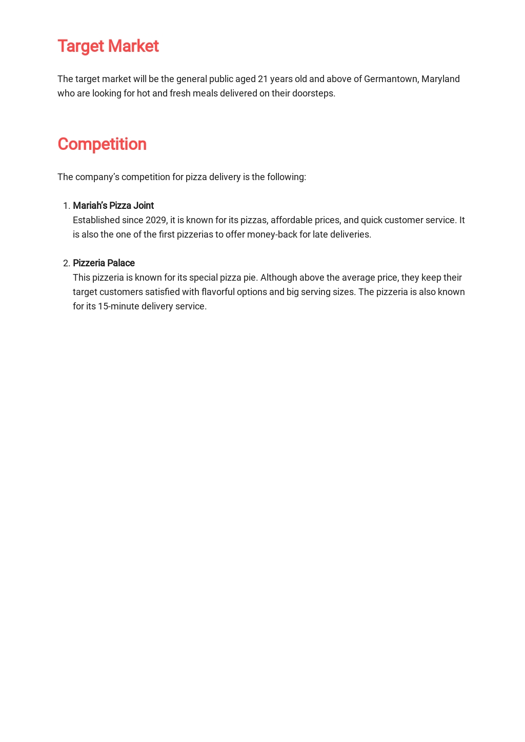 Pizza business plan template picture