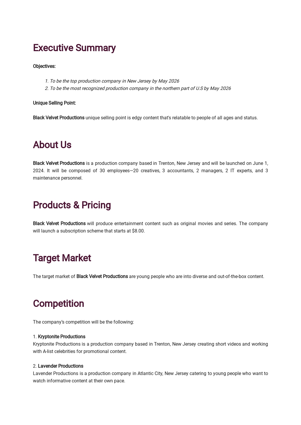 production section in business plan example