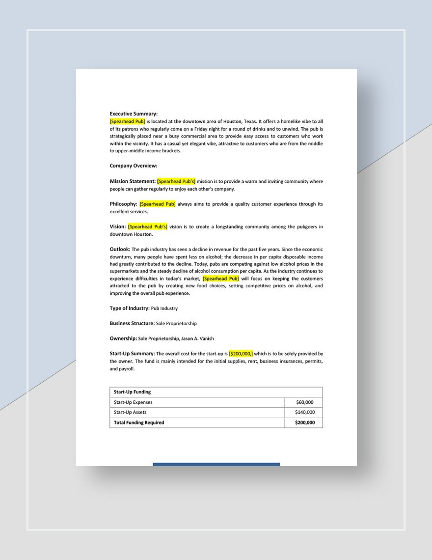 Pub Business Plan Template in Word, Pages, Google Docs - Download ...
